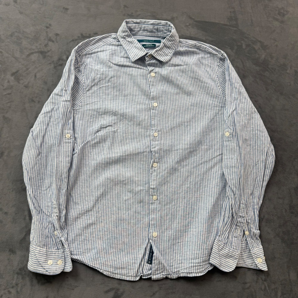 Perry Ellis Mens Large Blue White Striped Linen Blend Roll Tab Button Down Shirt